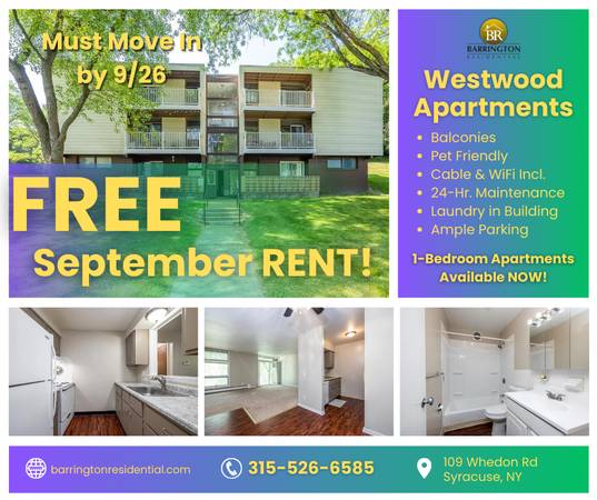 $1,414 / 1br - 660ft2 - Available Now! 1 Bedroom Apartments at Westwood Apartments (Syracuse)63982840249218120