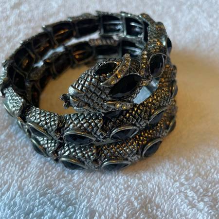 SNAKE Silver Tone and Black Rhinestone Wrap Stretch Bracelet 1