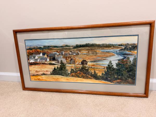Large Framed Original Watercolor Landscape – Coastal Village Scene 1