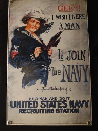 “Gee!! I Wish I Were A Man” US Navy Recruiting Porcelain Metal Sign 1