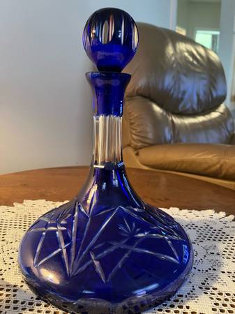 Cobalt Blue Cut to Clear Glass Genie Bottle Shaped Decanter w/ Stopper 1