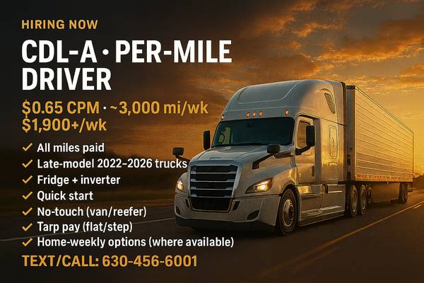 CDL-A Driver • $0.65 CPM • ~3,000 mi/wk • $1,900+/wk (Orlando) 1