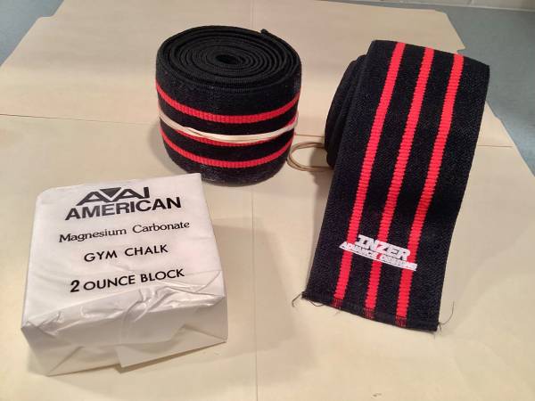 Preowned 2 Inzer Powerlifting Weightlifting Leg Knee Wraps + Chalk USA 1