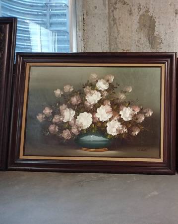 LS Henry Basket of Roses Flowers Painting Framed 44" x 31" 1