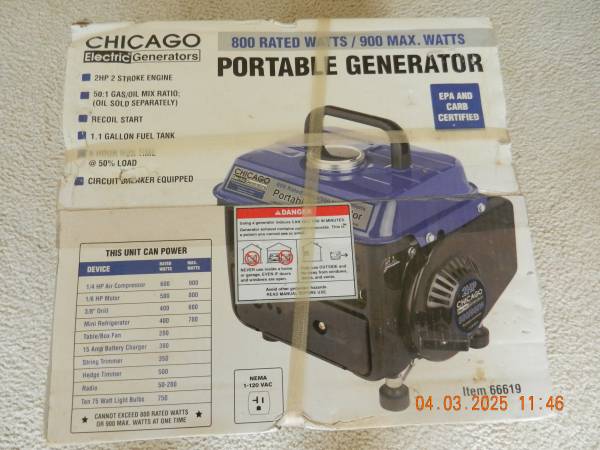 CHICAGO Electric Portable Generator 2HP 800/900W 5 Hour Run Time- NEW- 1