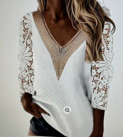 Womens V Neck Lace 3/4 Sleeve Tops Solid Color Dressy Casual Eyelet Sh 1
