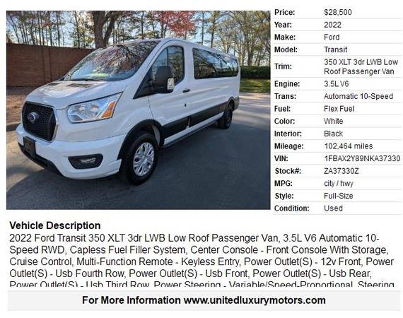 2022 Ford Transit 350 XLT 3dr LWB Low Roof Passenger Van - $102,464 (Stone Mountain)63620661773313121