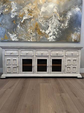 83” Solid Wood Pine Distressed White Dining Buffet Sideboard Credenza 1