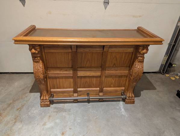Vintage Oak Bar with Brass Rail and Top and Carved Lions - $925 (Hillsborough)63470912971521123