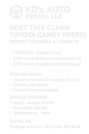 RENT! $275/week $1,100/month  2010 Camry Hybrid - $275 (Fairfax)63616630757763121