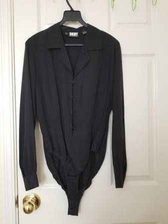 DKNY black silk collared long sleeve bodysuit shirt 1