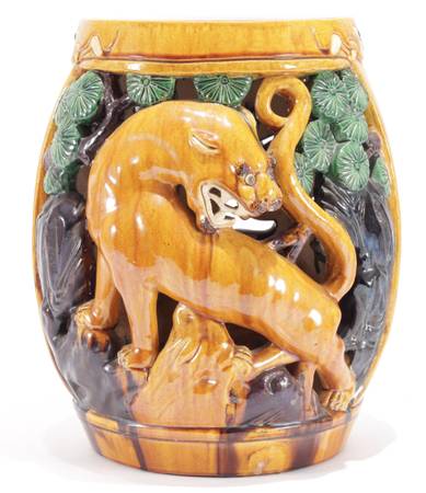 Mid-Century Hand made Chinese  Sancai Ceramic Tiger Garden Stool 1