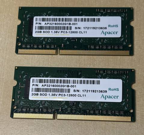 4GB 2x2GB Apacer 1.35V PC3-128000 SOD memory 1