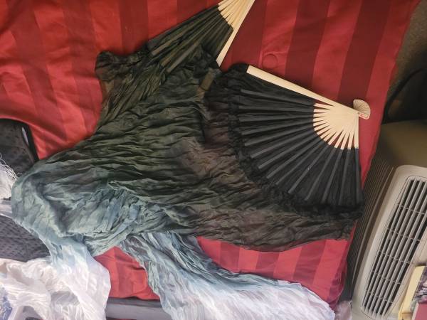 Vintage Gradient Belly Dance Silk Fan Veils - Black Blue Ombre Flow Fans (Pair) 1