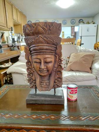 Hand Carved Teakwood Khemer Goddess with wooden base 1