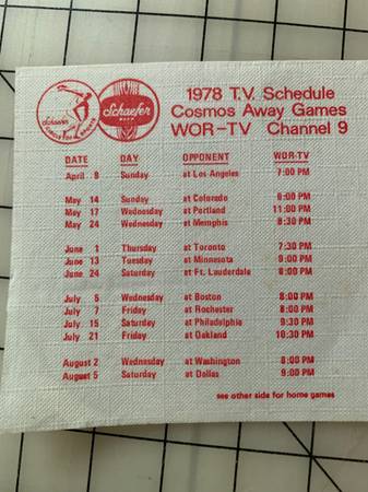 NEW YORK COSMOS SCHAEFFER BEER 1978 NAPKIN SOCCER NASL SCHEDULE-WOR-TV 1