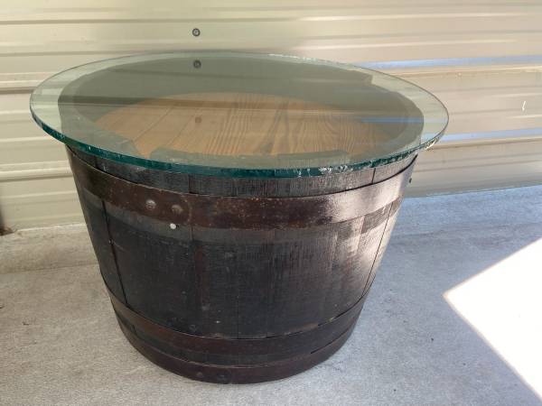 Unique Rustic Whiskey Barrel Coffee or Side Table with Storage Underneath 1