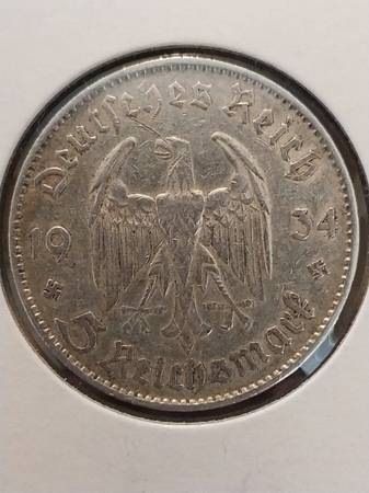 1934-F Germany 5 Reichsmark Silver Coin 1