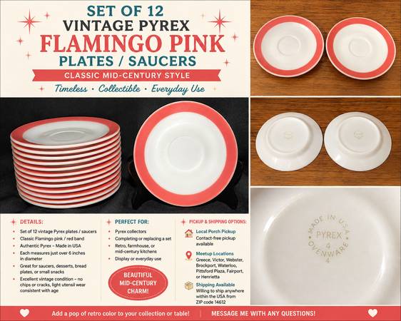 WATAGE VINTAGE PYREX 赤縁 プレート 皿 6枚セット 🌸✨ Set of 12 Vintage Pyrex Flamingo Pink / Red Plates or Saucers