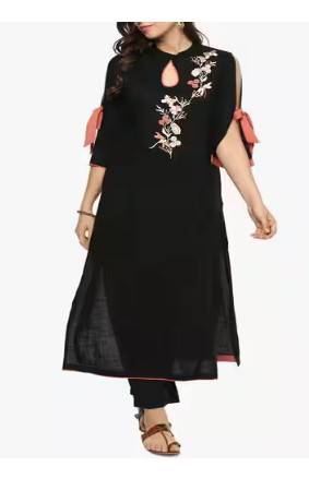 High-Neck Kurta with Floral Embroidered Yoke 1