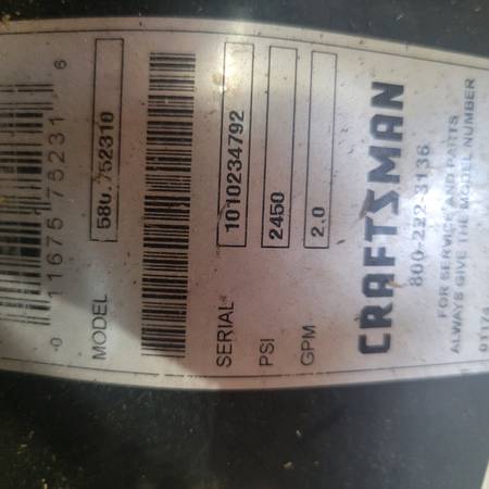 6.75 hp 2450 PSI de presión 2.0 gpm Lavadora a gasolina - $50 (Pottsville)62969130896001122
