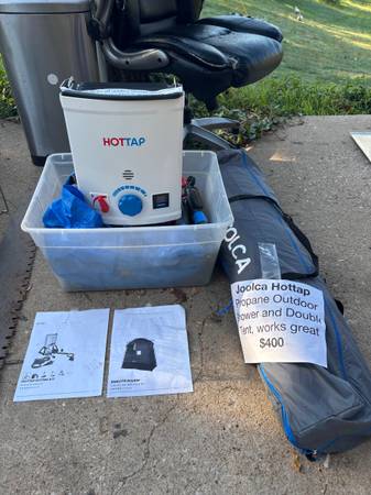 Joolca Hottap propane camping shower and double tent 1