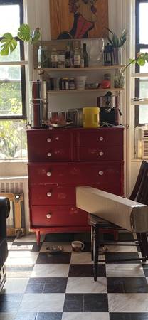 Hand Painted Red Solid Wood Mid Century Dresser 1