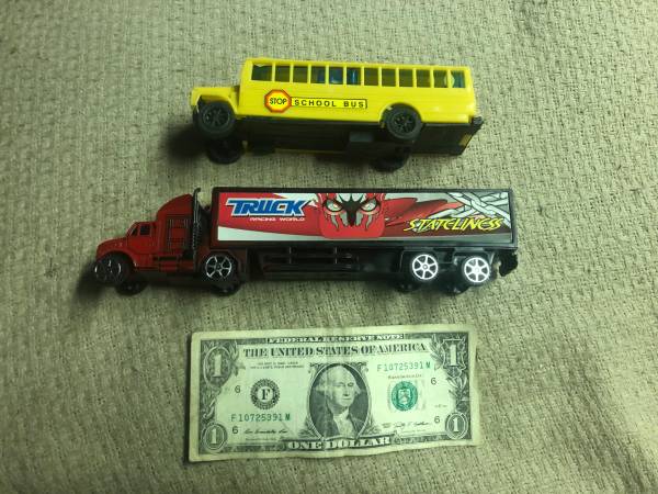 Kids yellow school bus and semi truck trailer 1