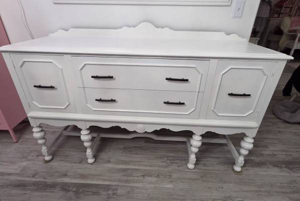 Striking vintage white buffet/sideboard with black hardware. 1