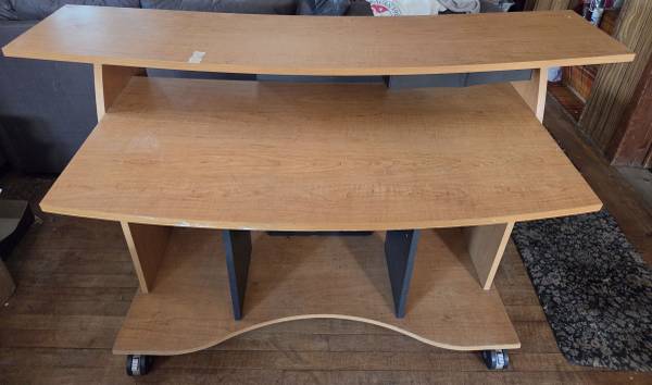 multi-tier wooden 5' wide computer desk with a pull-out tray & rolling casters 1