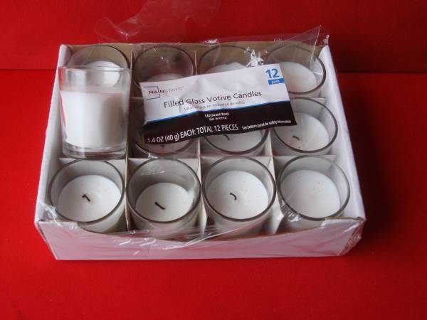 12 NEW MAINSTA FILLED SLASS VOTIVE CANDLES 1