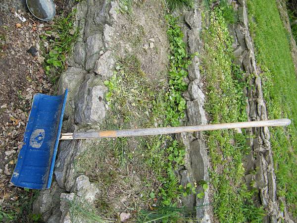 snow shovel. vintage, metal. it needs a rivet through bottom bracket 1