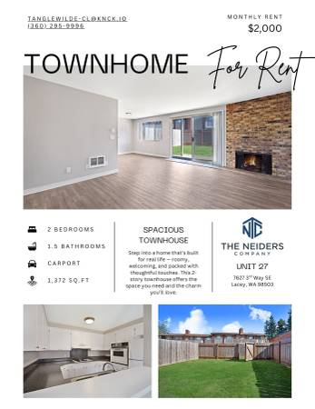 $2,000 / 2br - 1372ft2 - 🔥 ¡Acogedor y espacioso! Casa adosada con chimenea, balcón y patio cercado (Lacey)63850641459969120