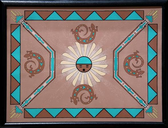 Oil on canvas painting (43"x33") with Navajo motifs of sun and lizards 1