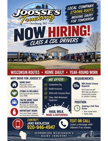 Full-time Class A CDL Milk Hauler - Home Daily - Joosse's Trucking 1