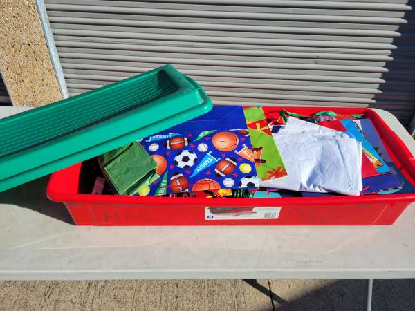 Massive Container 100+ Birthday Christmas Cards Gift Bags Color Tissue 1