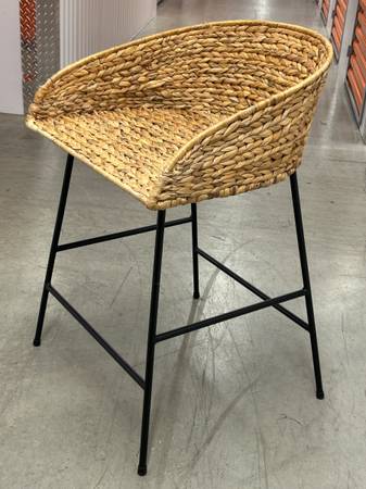 Stool/Chair: tall wicker medium back seat on black metal frame 1