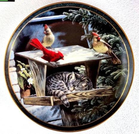 Tabby Cat Bird Feeder & Cardinals Plate 1