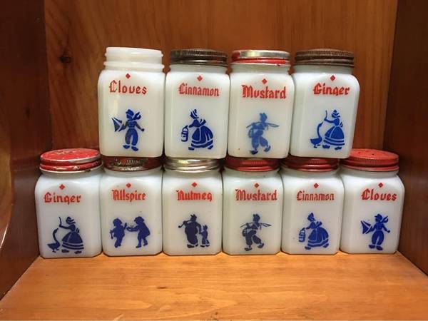 Set of vintage milk glass spice jars. 1