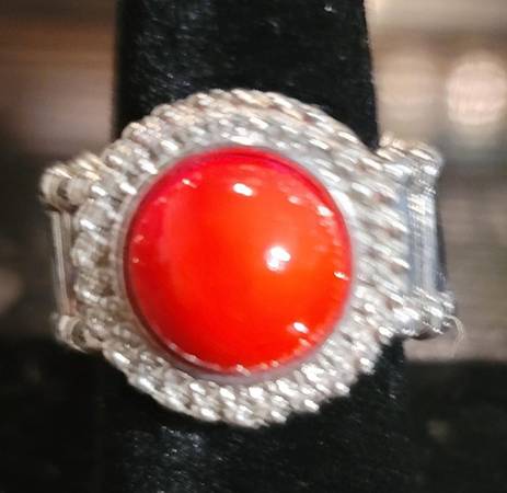 Red Coral And White Stone Silver Tone Ring 1