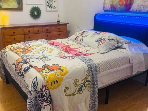 Full size bed Frame with mattress, sheets 1