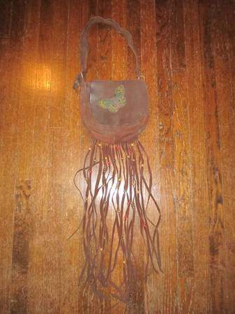 Vintage 1970's Leather Wood Bead Fringed Hippie Purse 1