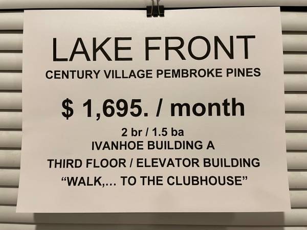 $1,695 / 2br - $ 1,695. CENTURY VILLAGE PEMBROKE  PINES  -  2 BR /  1.5 BA LAKE VIEW (CENTURY VILLAGE PEMBROKE PINES)64049280949634122