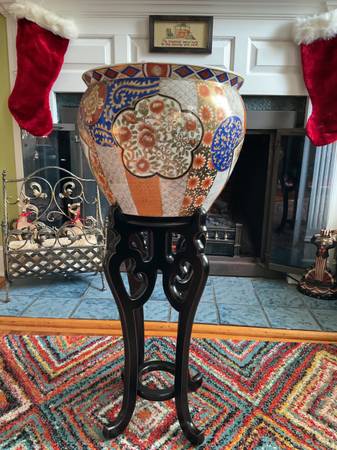 Vibrant 20th century Asian Satsuma fishbowl planter with stand 1