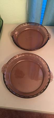TWO Pyrex Pie Baking Dishes #229 purple amethyst tint with a glossy pressed-glas 1