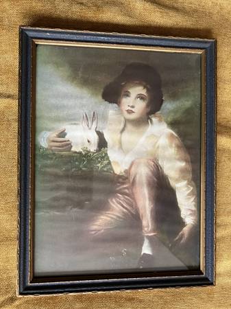 Boy With Rabbit Framed Lithograph 1920s-30s 1