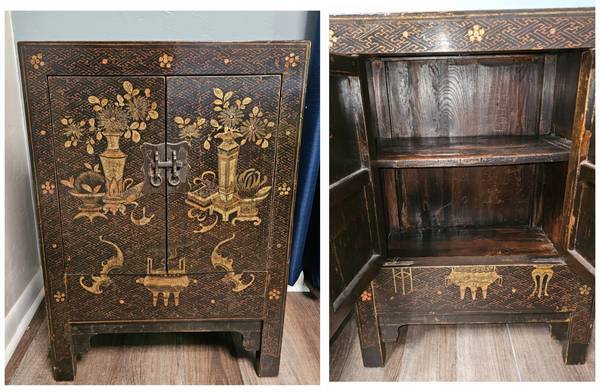 2 ANTIQUE BLACK c1780s LACQUER TWIN CABINETS Qing Dynasty $399 1