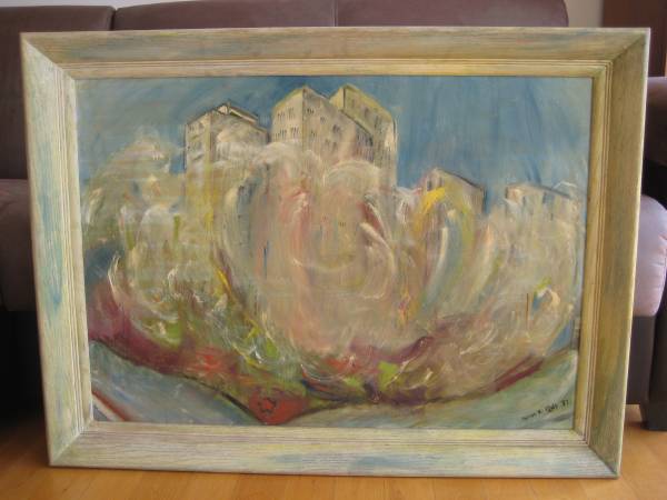 MARION OLDS 1957 LARGE ABSTRACT EXPRESSIONIST CITYSCAPE OIL PAINTING 1