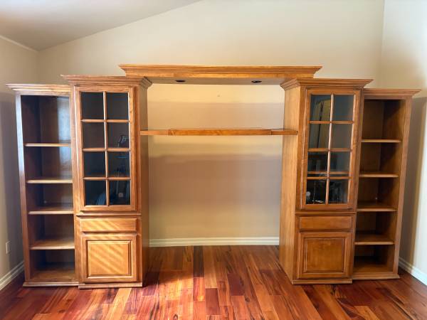 Lighted Entertainment Center Wall System – Glass Display & Bookcases 1