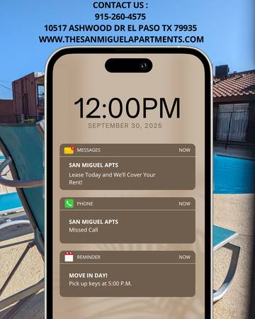$1 / 1br - DEPOSIT MOVES YOU IN TODAY 1 AND 2 BEDROOM!!!!!! (San Miguel Apts - East El Paso)63971415323779120